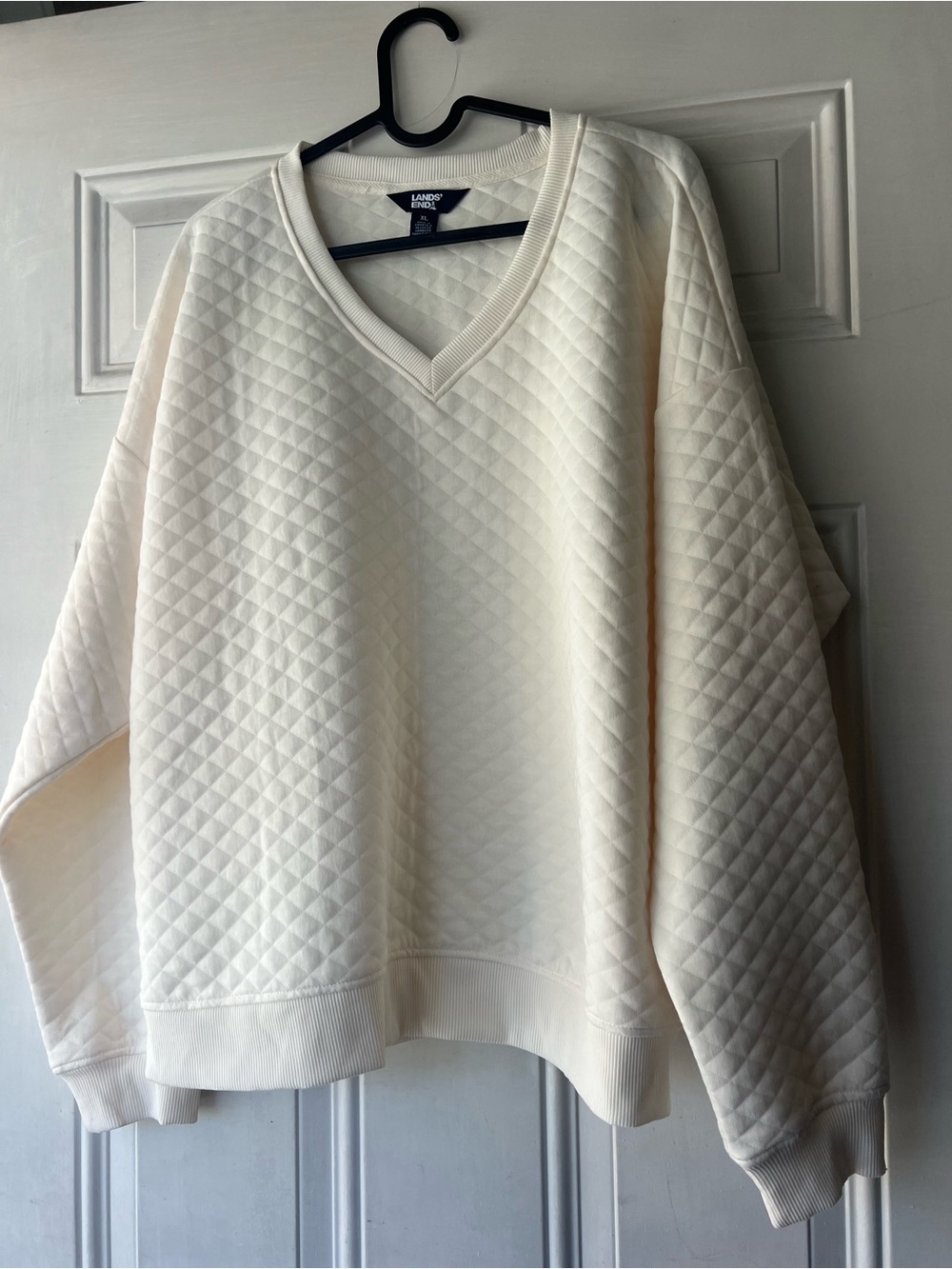 Lands' End Off-White Quilted V-Neck Sweater